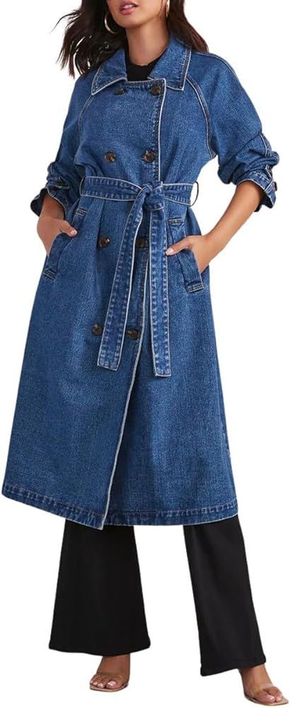 chouyatou Women's Vintage Midi Long Jean Jacket Loose Fit Double Breasted Denim Jacket Trench Coa... | Amazon (US)