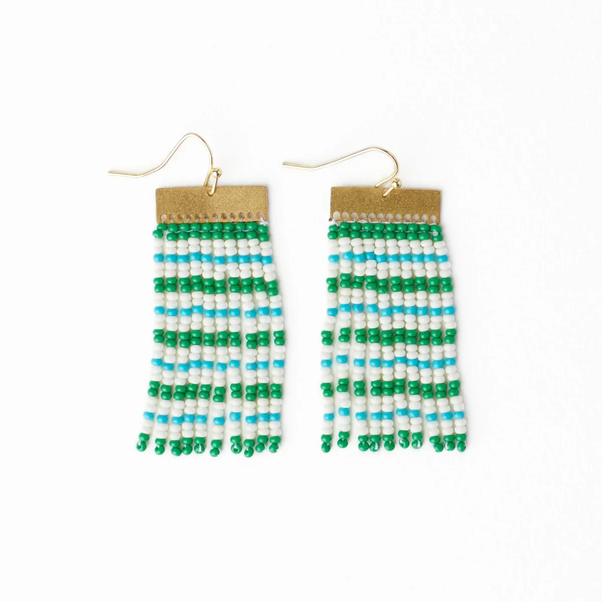 Scout Rectangle Hanger Mixed Horizontal Stripes Beaded Fringe Earrings Kelly Green + Aqua | INK+ALLOY