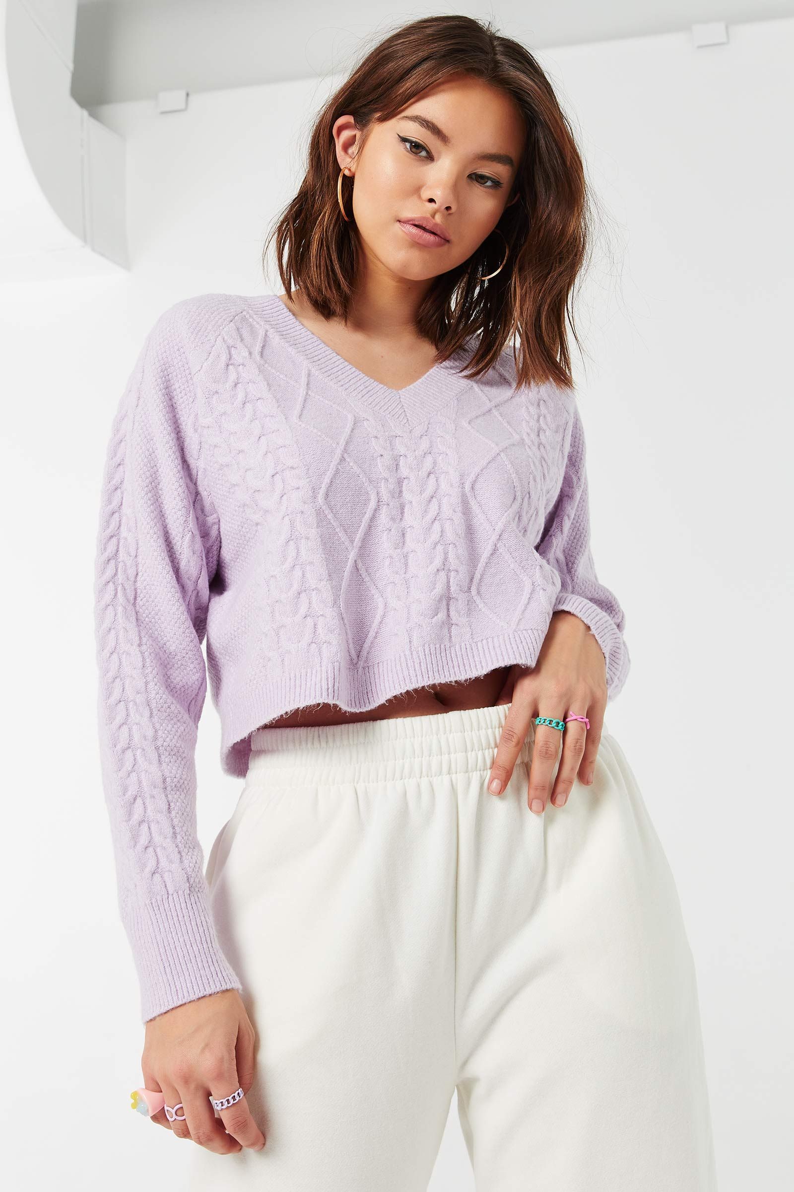 Cropped Cable Knit V-Neck Sweater | Ardene