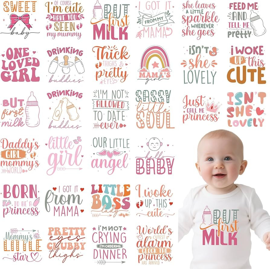 Baby Shower Iron on Transfers - 30Pcs Pink DTF Transfers Ready to Press, Cute Iron on Decals Patc... | Amazon (US)