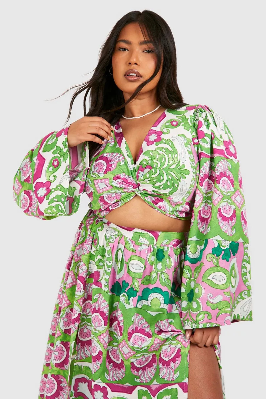 Plus Geweven Gedraaide Paisley Top Met Wijde Mouwen | Boohoo.com (NL)