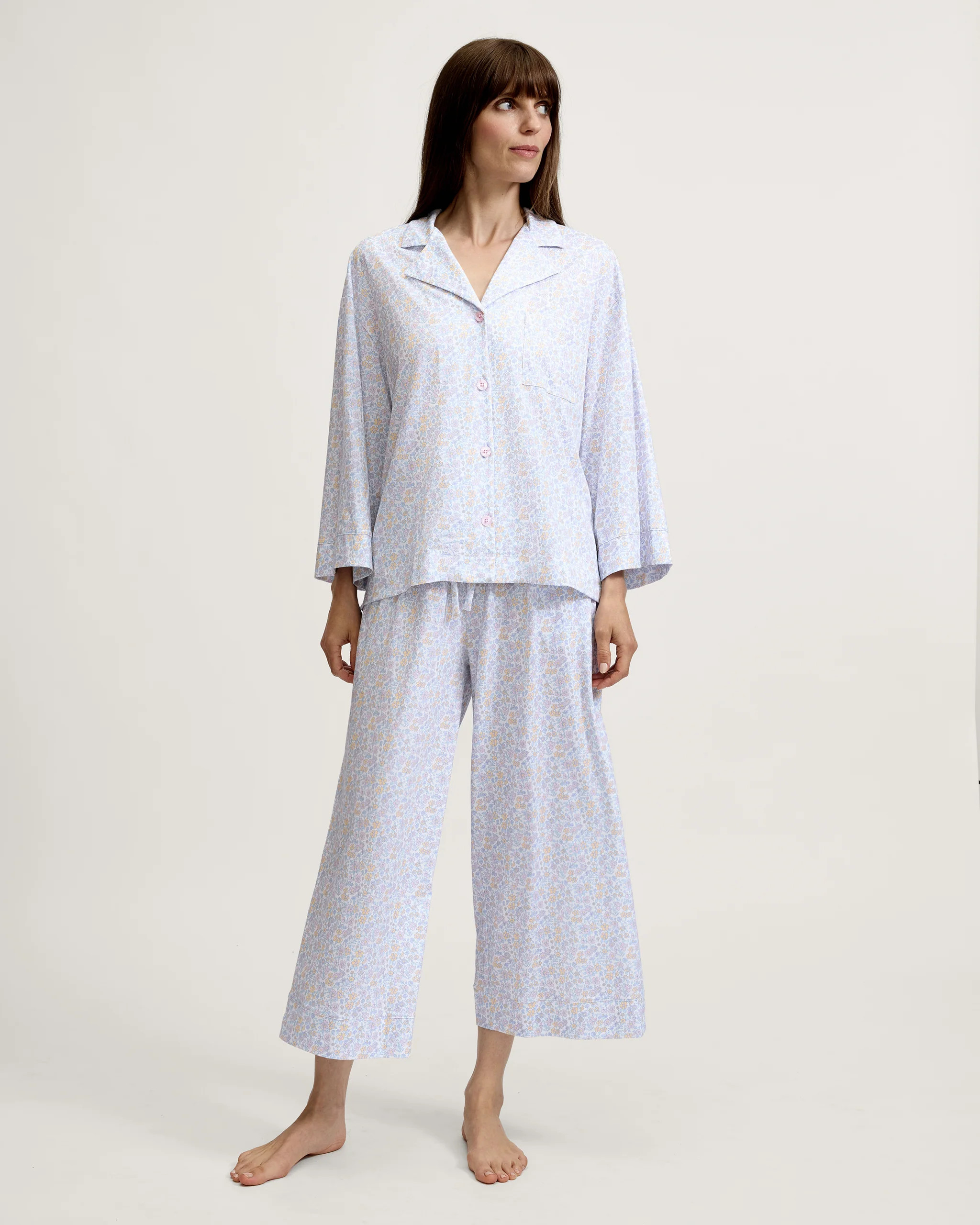 The Olivia Wide Leg Lightweight Pima Pajama Set in Fleur Blanche | Petite Plume