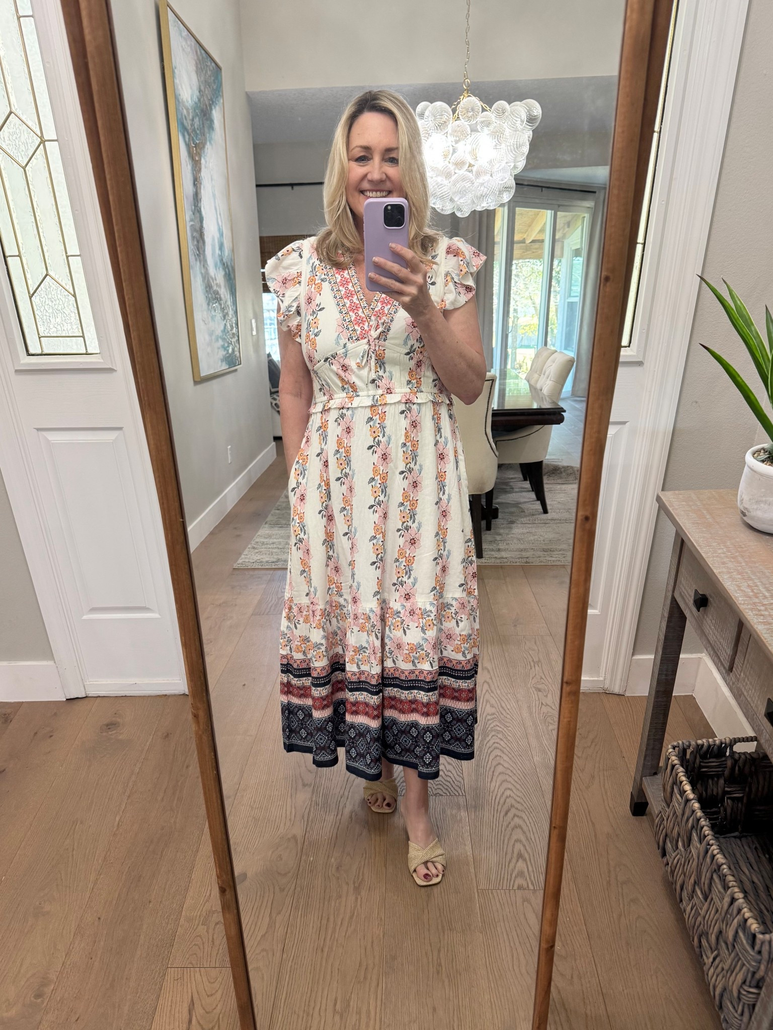 This cute spring dress is giving Farm Rio vibes but is a great TJMaxx find.  Wedge sandals, spring outfit 

#LTKSeasonal #LTKstyletip #LTKover40