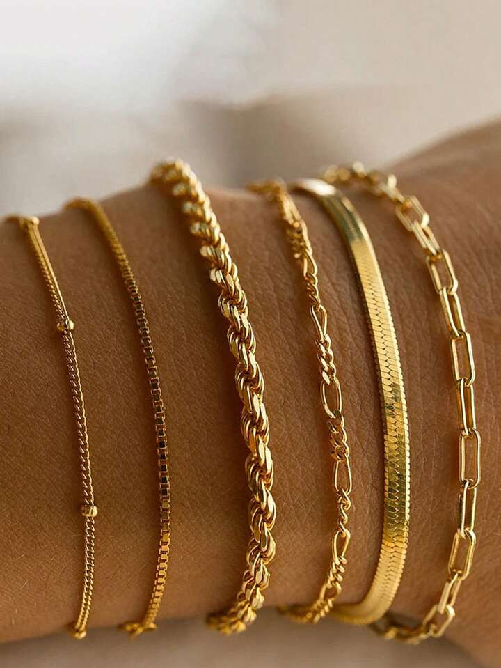 6pcs Unisex Strap Bracelets, Flat Snake Chain, Paper Clip Chain,  Chain, Beaded And Plain Chain S... | SHEIN