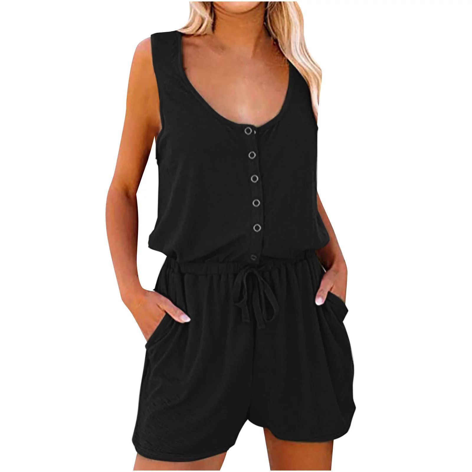 FAKKDUK Womens Rompers Casual Solid Suspender Sleeveless Button Scoop Neck Drawstring Waist Tank ... | Walmart (US)