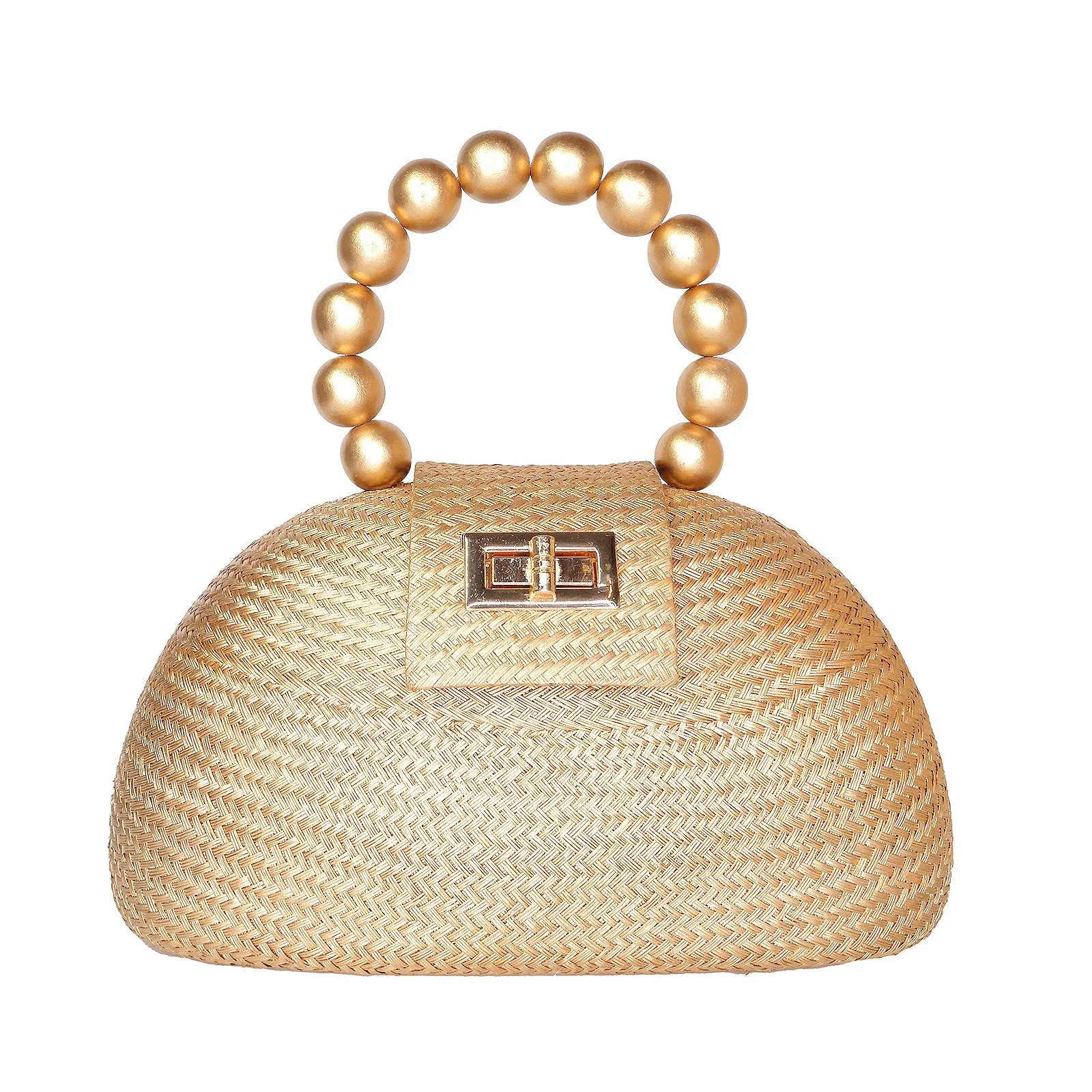 THE ORLA Gold Woven Straw & Wooden Bead Statement Clutch Bag | Jones & Daughters