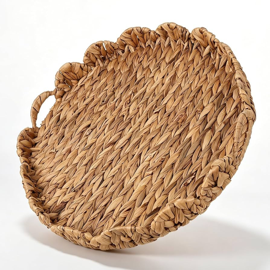 Foxtell Round Rattan Tray, 19.7" Hand Woven Basket, Large Round Ottoman Table Tray with Handles f... | Amazon (US)
