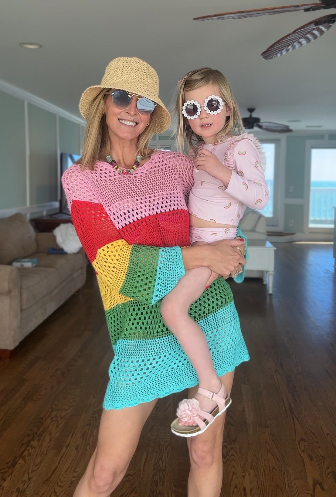 Beach day for Spring Break! Love this rainbow coverup and esp the sunnies and Twine and Twig necklaces! Wearing a SM in the cover up ⛱️ 