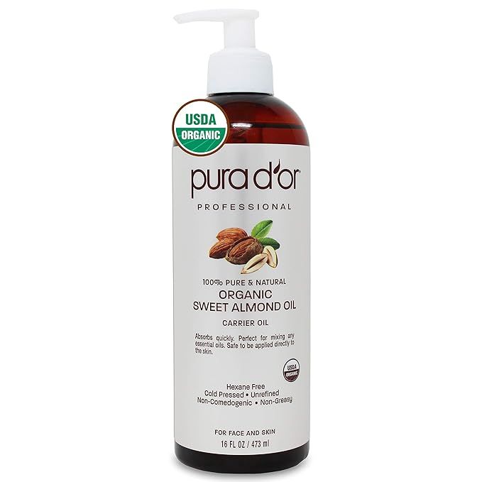 PURA D'OR Organic Sweet Almond Oil (16oz) Certified Organic 100% Pure & Natural Hexane Free Sooth... | Amazon (US)