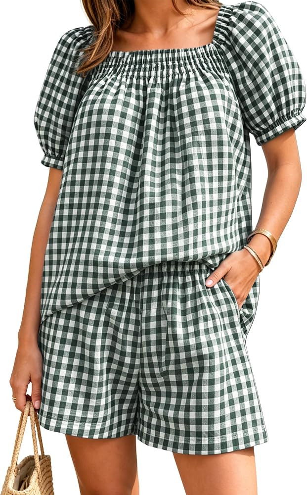 Women Plaid 2 Piece Summer Casual Puff Sleeve Smocked Babydoll Shirt Wide Leg Shorts Matching Lou... | Amazon (US)