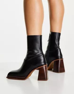ASOS DESIGN Rochelle premium leather platform heeled boots in black | ASOS (Global)