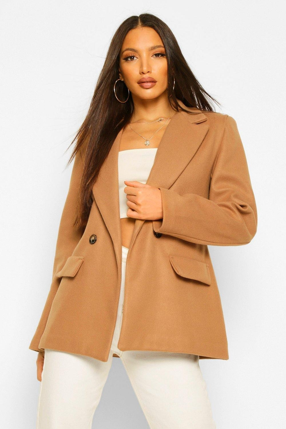 Womens Tall Blazer Style Wool Look Coat - Beige - 12 | Boohoo.com (US & CA)