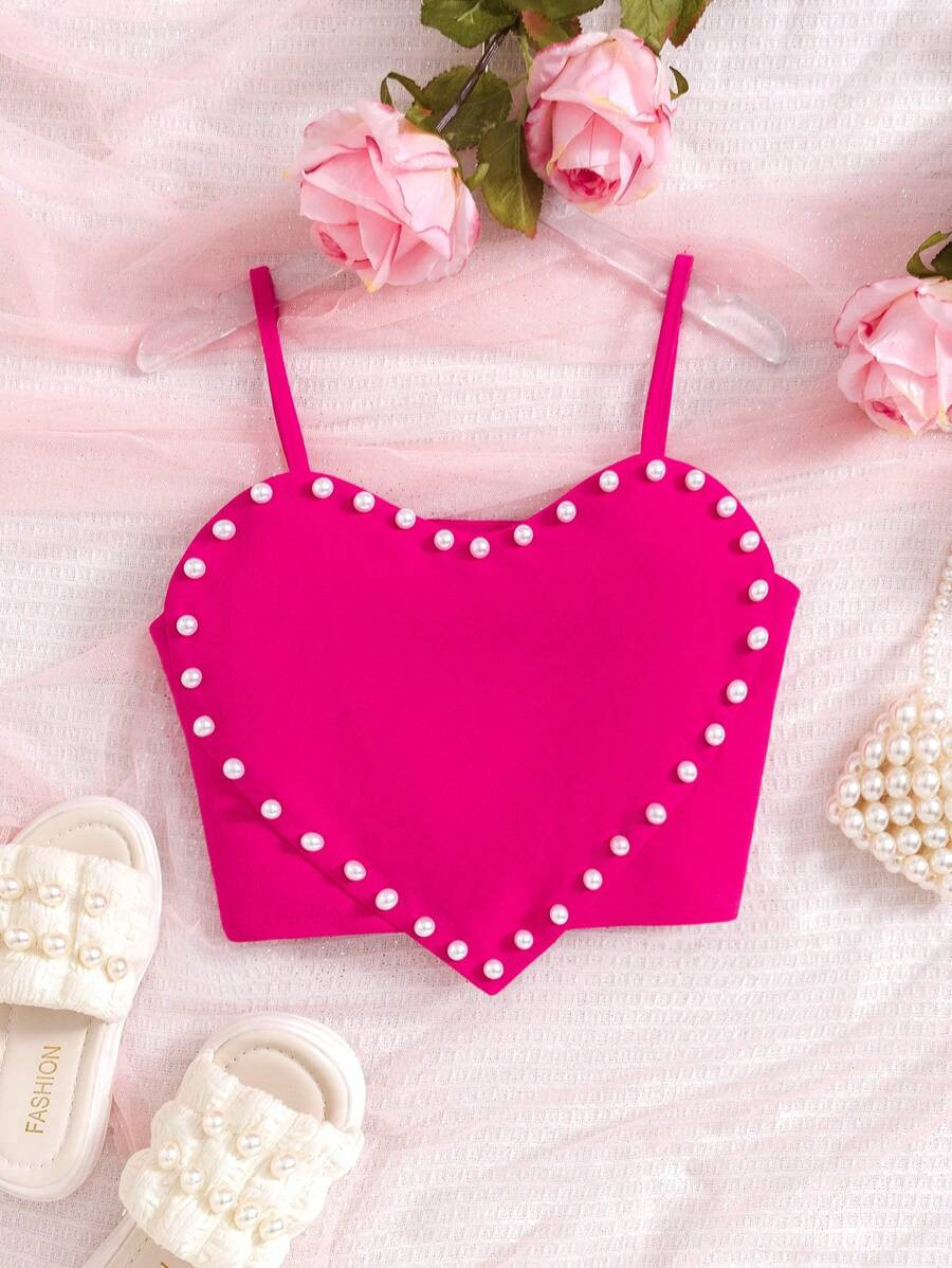 SHEIN Tween Girl Cute Short Heart Shape Pearl Decorated Camisole Top | SHEIN
