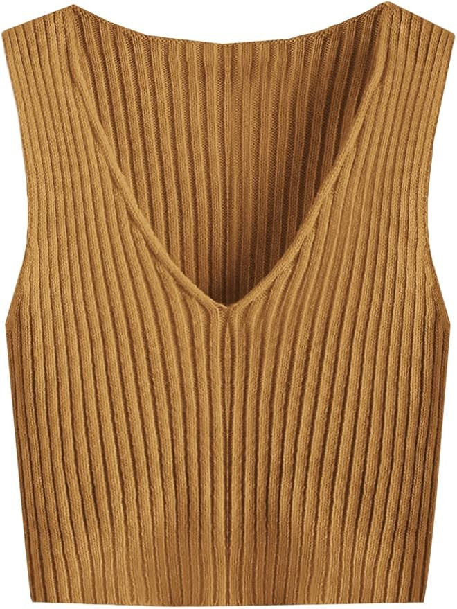 SweatyRocks Women's Ribbed Knit Crop Sleeveless V-Neck Sweater Vest Crop Tank Top | Amazon (US)