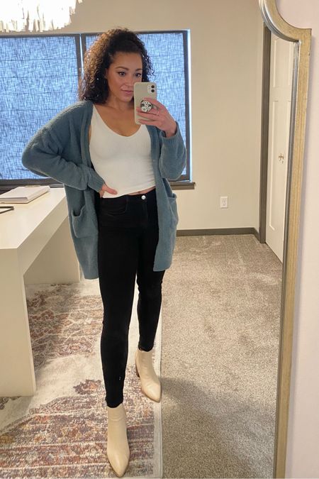 OOTD featuring black skinny jeans, pointed ivory booties, white ribbed  crop top and the softest green cardigan from VICI! 🤍

#LTKfit #LTKunder100