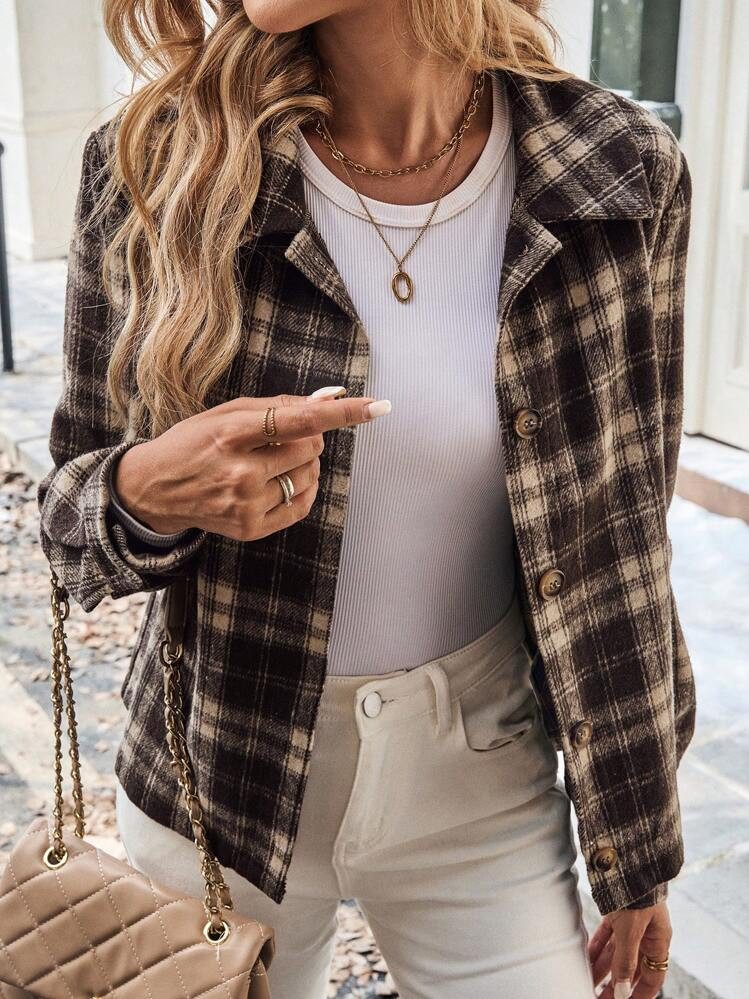 EMERY ROSE Women's Autumn Winter Plaid Print Short Jacket With Stand Collar And Single-Breasted | SHEIN