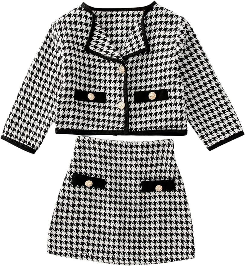 WDIRARA Toddler Girl's 2 Piece Houndstooth Button Front Long Sleeve Round Neck Jacket and Skirt O... | Amazon (US)
