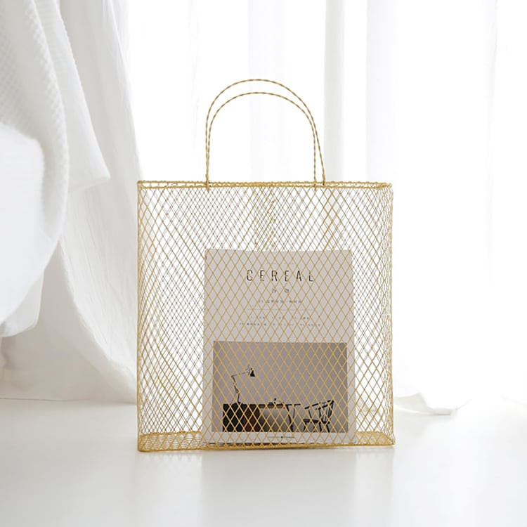 18.9" Gold Modern Metal Magazine Rack with Handle for Bedroom in Metal | Homary