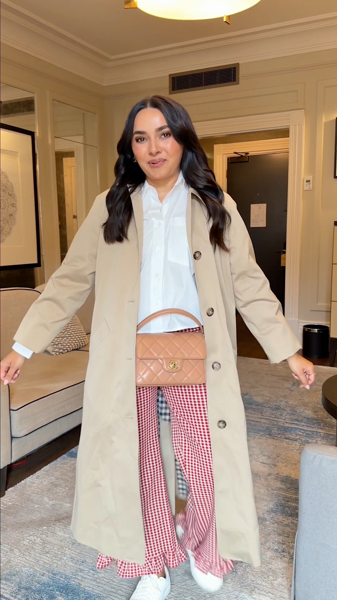 White button down size size xxs TTS 
Red gingham pants size 26 regular TTS
Sneakers size 6.5 TTS 
Trench coat in light beige size 0 TTS

#LTKdayinmylife #LTKPetite #LTKSaleAlert
