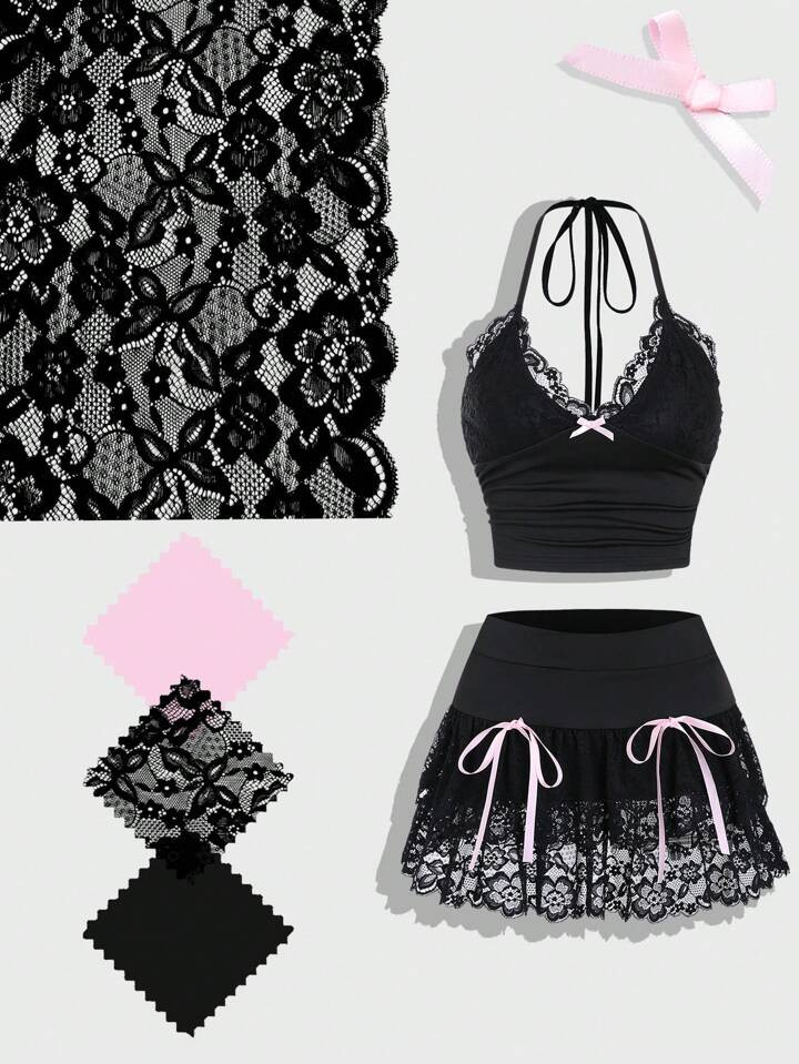 SHEIN ICON Summer  Balletcore Sweet  Kawaii Mesh Contrast Lace Ruffle Contrast Lace Bow-Knot Deco... | SHEIN