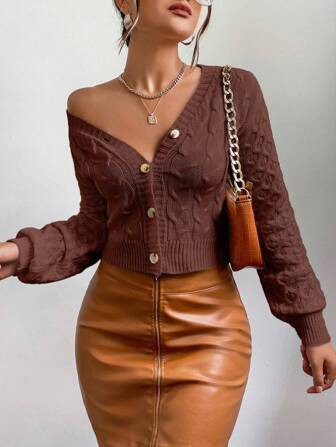 SHEIN Frenchy Cable Knit Lantern Sleeve Button Front Crop Cardigan | SHEIN