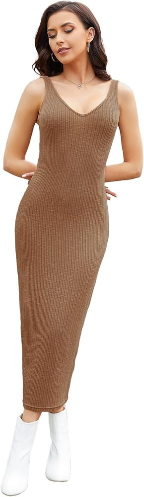 Floerns Women's Sexy Bodycon Tank Dress Ribbed Knit V Neck Sleeveless Midi Club Party Dresses | Amazon (US)