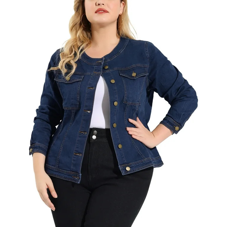 Women's Plus Size Long Sleeve Collarless Denim Jacket | Walmart (US)