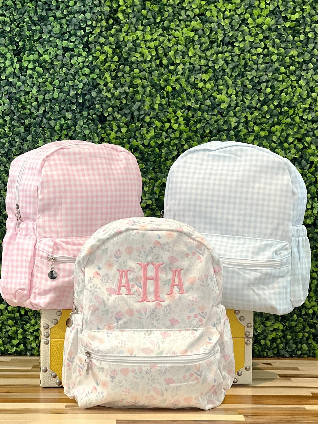 Floral Gingham Backpack With Monogram Pink Blue Khaki Bookbag Back to School Set Personalized - E... | Etsy (US)