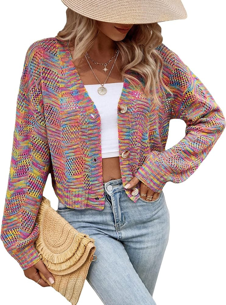 SHENHE Women's Button Down V Neck Drop Shoulder Colorblock Casual Sweater Cardigan | Amazon (US)