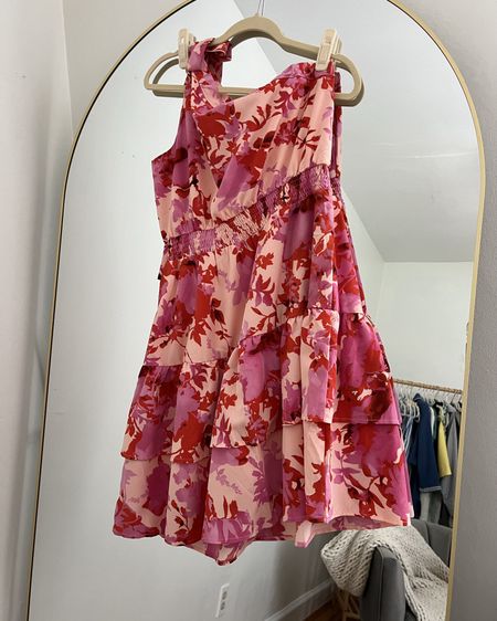 This one shoulder pink floral tiered mini dress would look great at a summer party or event! I love the fabric, pattern, color, and tiered detail.  TBH It was a little big on me. If you have a small bust- size down. 💕 pink vibes 
Summer looks, summer outfit, sale, summer style, BrandiKimberlyStyle 

#LTKSeasonal #LTKStyleTip #LTKParties