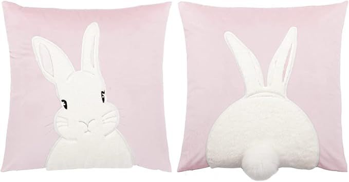 Pack of 2 Spring Easter Pillow Covers 18x18 Inch,3D Embroidered Bunny Rabbit Throw Pillowcase Vel... | Amazon (US)