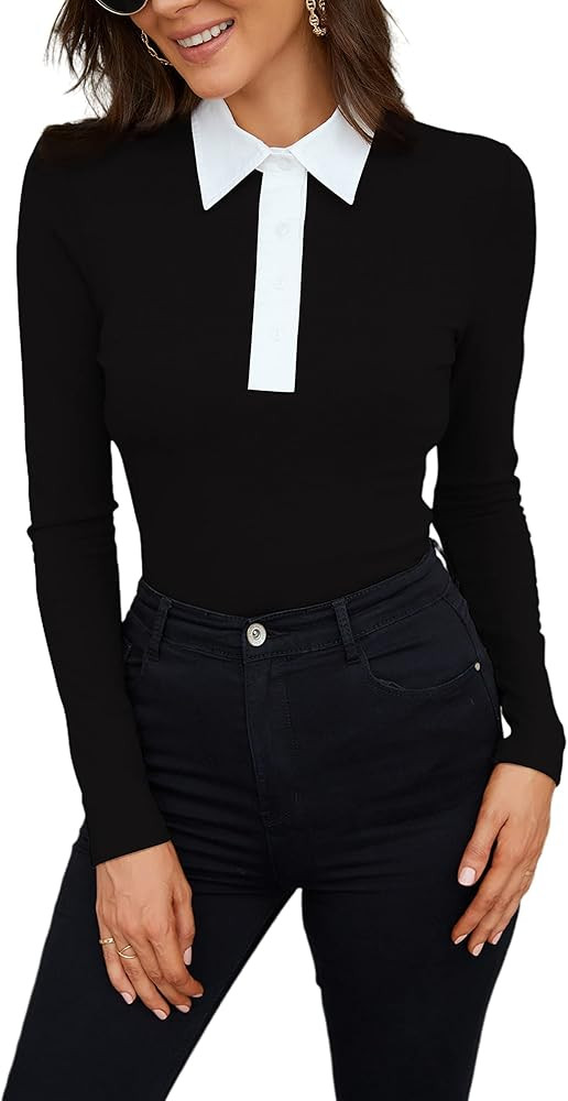 Womens Polo Shirts Fall Clothes for Women Lapel Collared V Neck Long Sleeve Tee Shirt | Amazon (US)