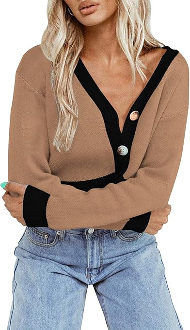 Meenew Cardigan Sweaters for Women Casual Fall Crop Sweaters Color Block Knitted Tops L Khaki at ... | Amazon (US)