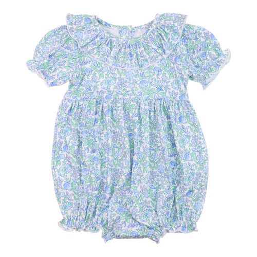 Blue And Green Floral Knit Ruffle Bubble | Cecil and Lou