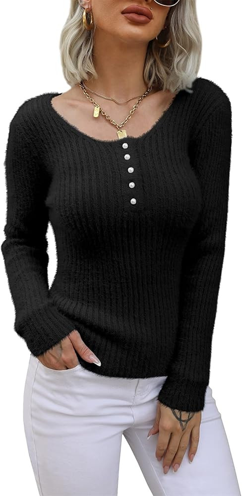 Jeanewpole1 Womens Fuzzy V Neck Knit Sweater Slim Fit Long Sleeve Solid Pullover | Amazon (US)