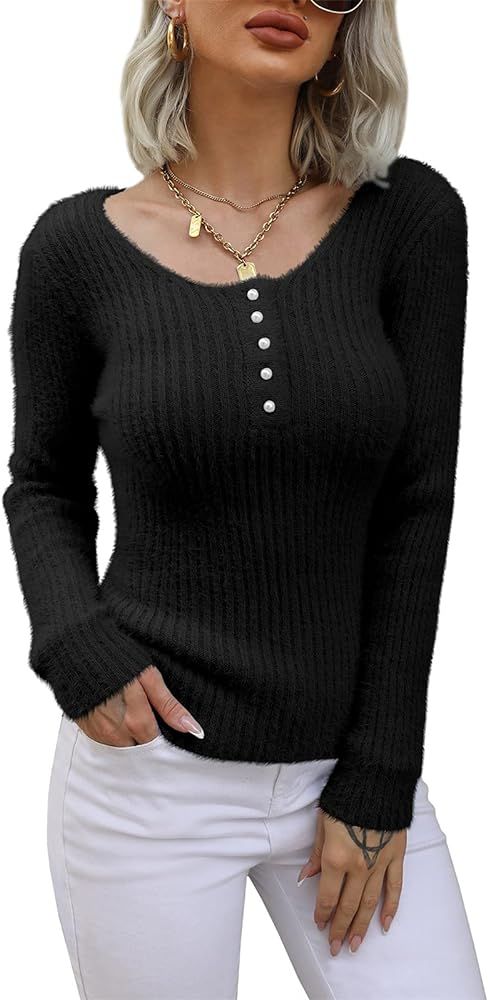 Jeanewpole1 Womens Fuzzy V Neck Knit Sweater Slim Fit Long Sleeve Solid Pullover | Amazon (US)