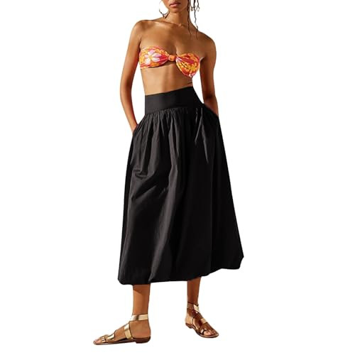 AYUQINHE Women Y2k Bubble Maxi Skirt A-Line High Waist Long Skirt Summer Casual Ruffle Pleated Midi Dress (Black,S) | Amazon (US)