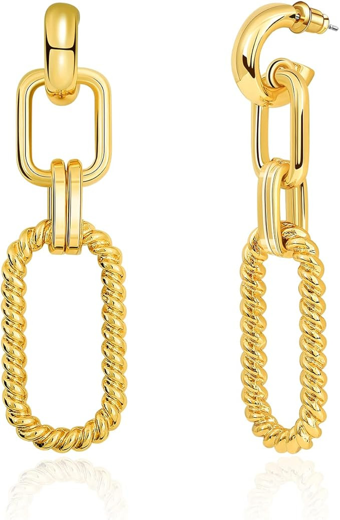 Amazon.com: Women Link Chain Dangle Earrings: 14K Gold Plated Paperclip Drop Earrings for Girls L... | Amazon (US)