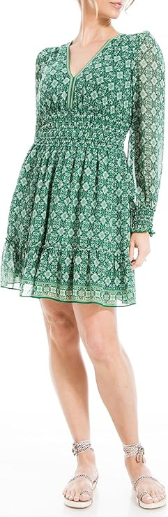 Max Studio Women's Georgette Smocked Long Sleeve & Waist V-Neck Short Dress | Amazon (US)