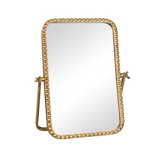 GIFTTROVE Vintage Desk Makeup Mirror, 12" L x 7.9" W Antique Gold Vanity Table Mirror, Metal Framed Rectangular Small Standing Mirrors with Beaded, 360 Adjustable Rotation for Tabletop, Bedroom | Amazon (US)