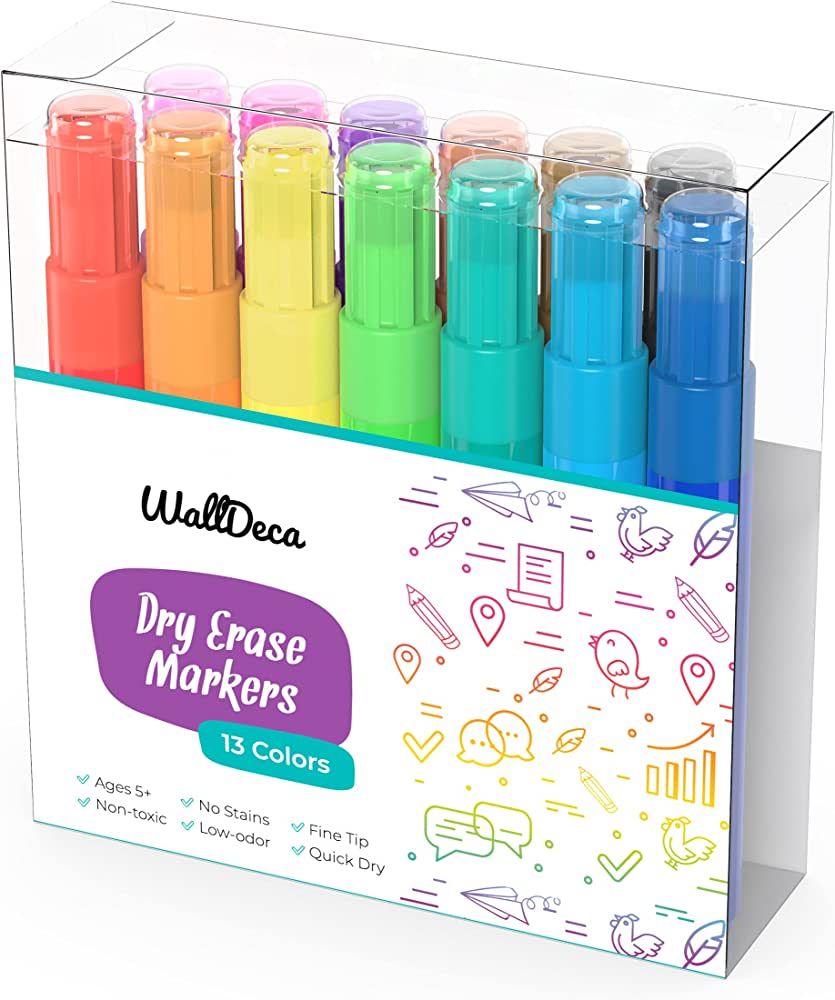 WallDeca Dry-Erase Thick Fine Line Markers, 13 Assorted Colors, Non-Toxic Art Tools for Kids & To... | Amazon (US)