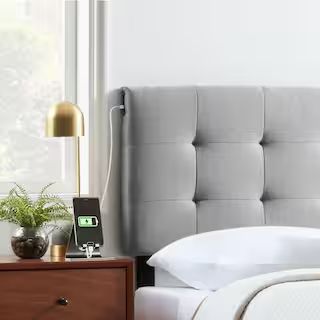 Alex 62.2 in. W Stone Upholstered Queen Square-Tufted with 2-Dual USB Ports Headboard | The Home Depot