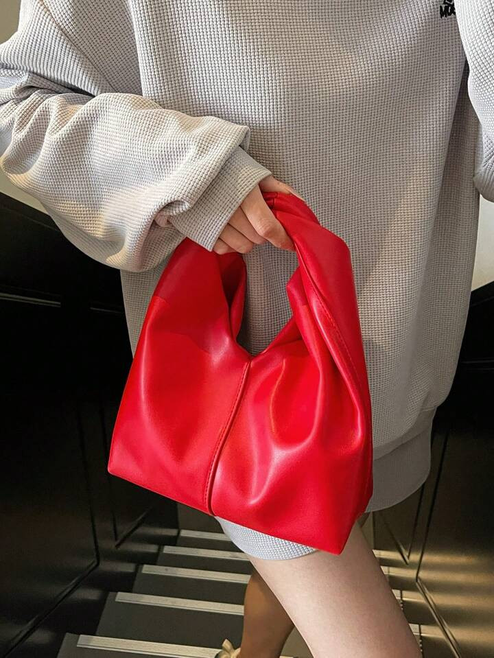 1 Pieza Bolso de mano de mujer minimalista de piel sintética roja suave con pliegues retorcidos,... | SHEIN