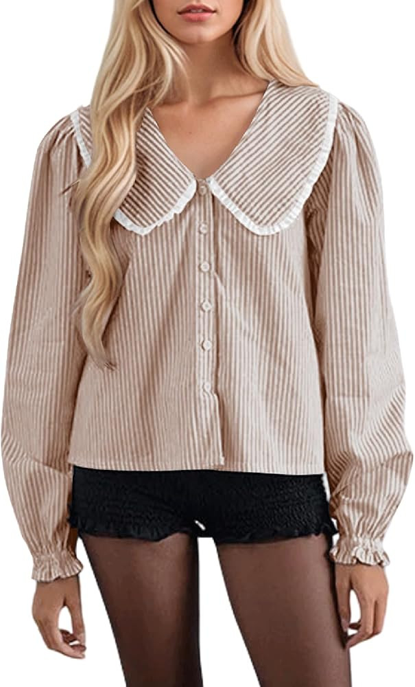 Striped Button Down Shirts for Women Casual V Neck Long Sleeve Blouse Loose Puff Sleeve Babydoll ... | Amazon (US)
