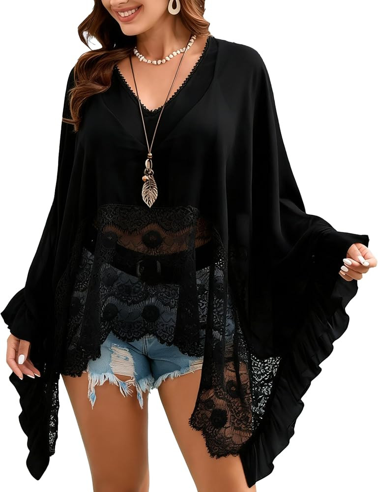 Women's Sheer Poncho Top Knit Summer Lace See-Through Shawl Shrug | Amazon (US)