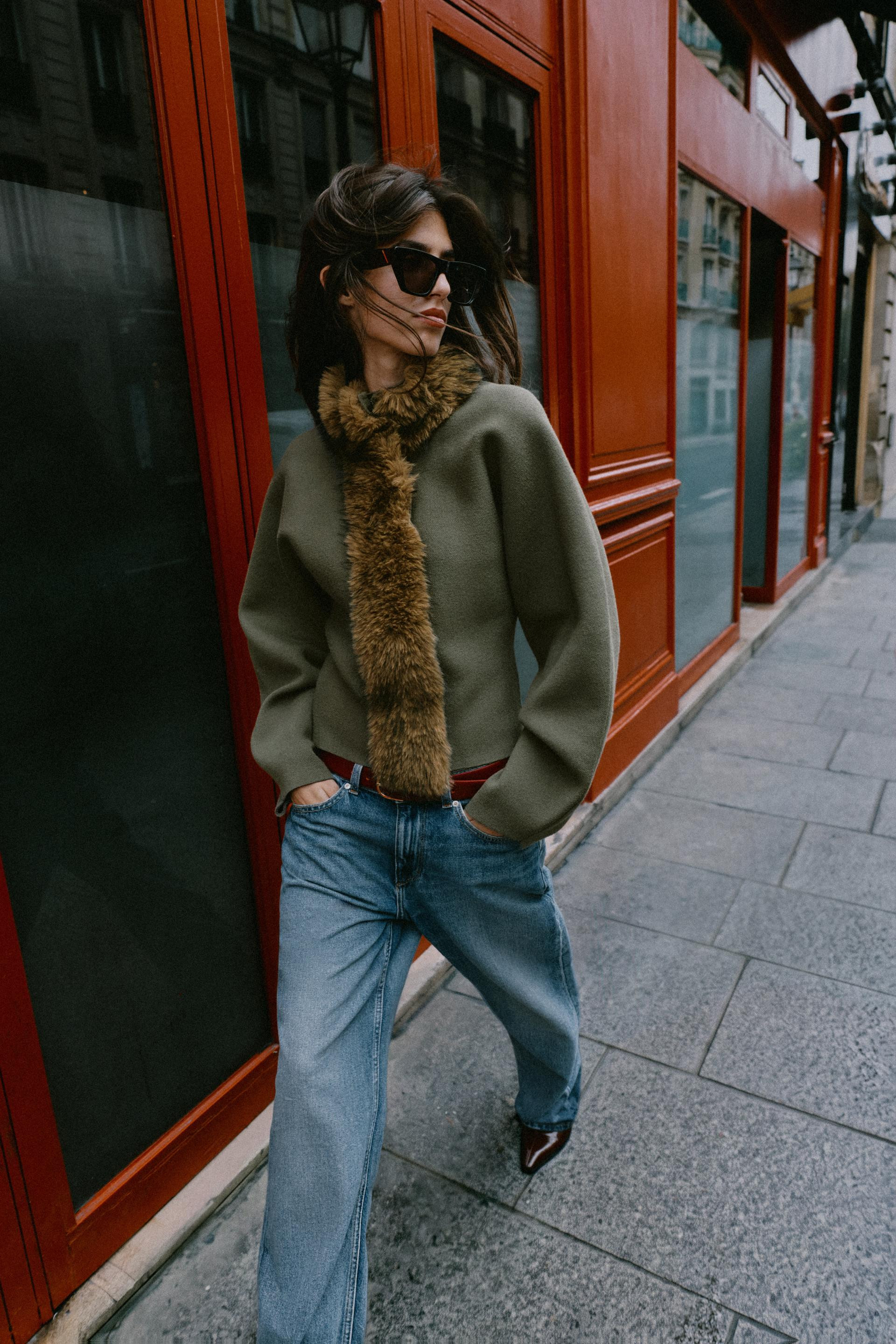 Zara - Combined Faux Fur Effect Cardigan - Khaki - S - Woman | Zara US