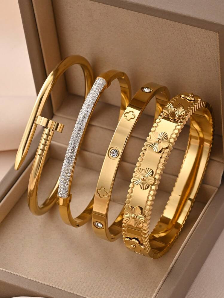 4pcs/3pcs/1pc 18K Gold Stainless Steel Bracelet, Luxurious & Elegant Jewelry, European & American... | SHEIN