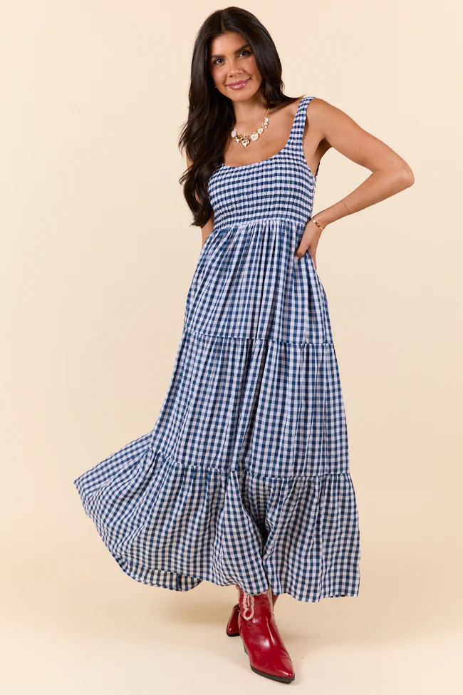 Sunday Check-In Navy Gingham Maxi Dress | Pink Lily