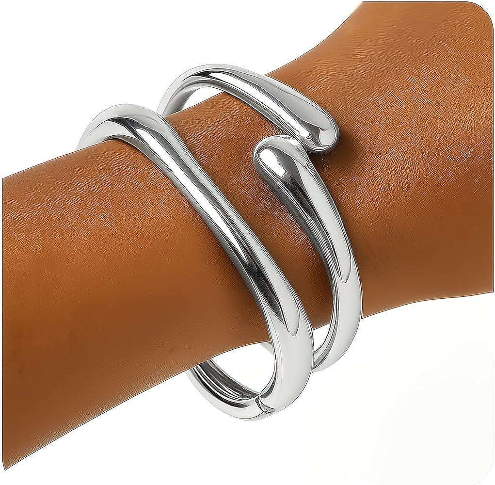 Gold Chunky Bracelet for Women, 14K Gold Plated Gold Bangle Bracelet Silver Chunky Bangles Bead B... | Amazon (US)