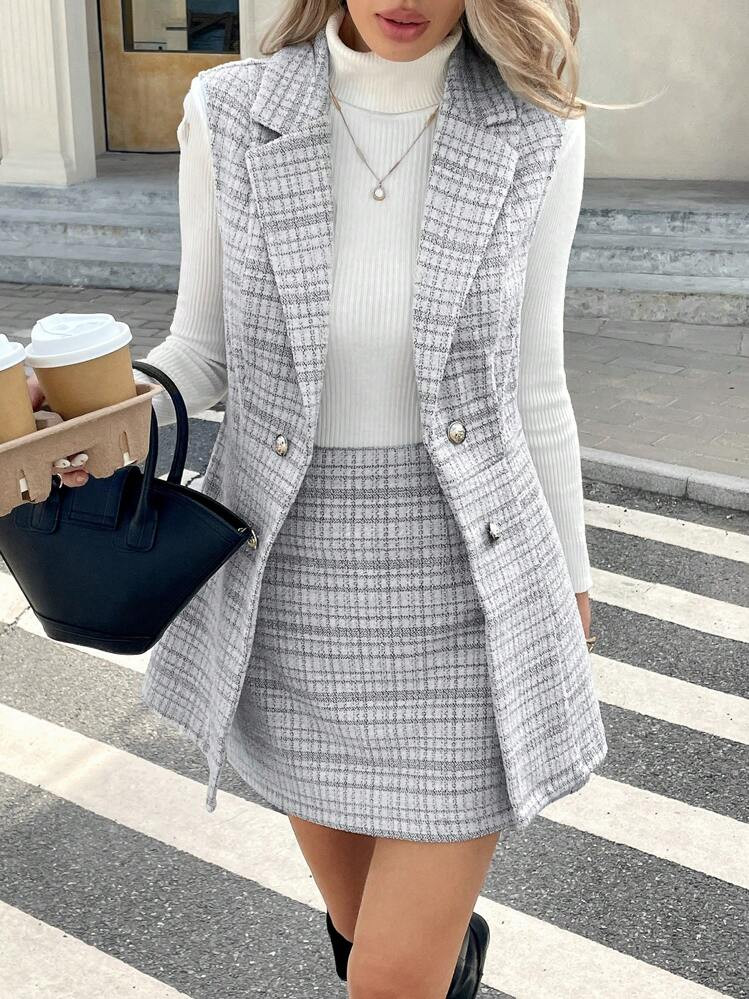 Serisse Women's Light Grey Plaid Double-Breasted Vest A-Line Skirt 2-Piece Set, Elegant Preppy Of... | SHEIN